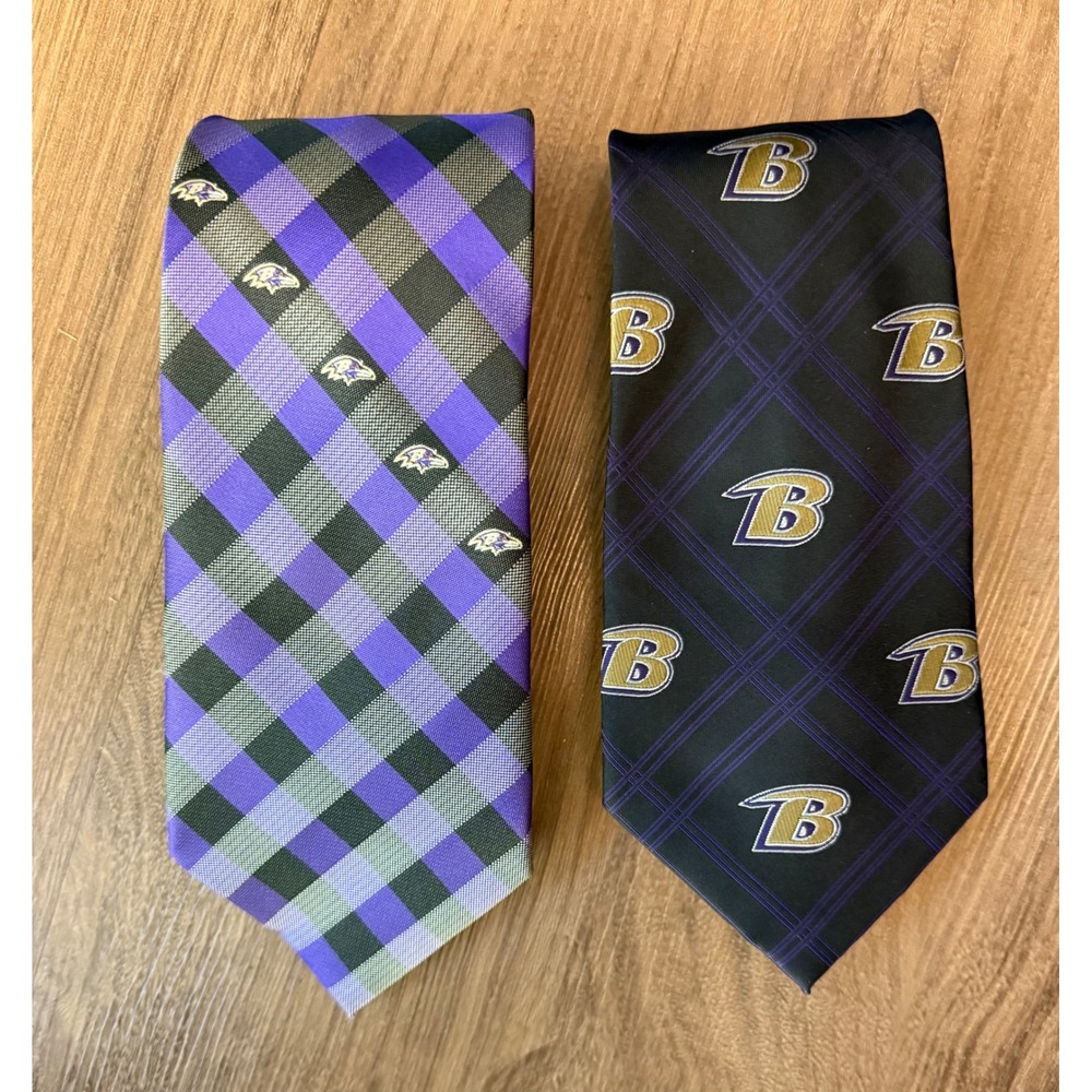 NFL Baltimore Ravens Mens Necktie Lot of 2 Purple Plaid & Logo Pinstripe Ties